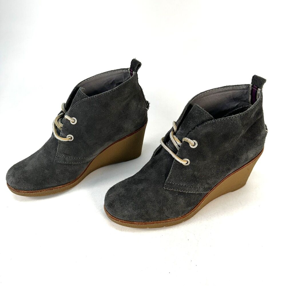 Sperry Harlow Gray Suede Wedge Heel Ankle Boots Womens US Size 7 M Lace Up Shoes